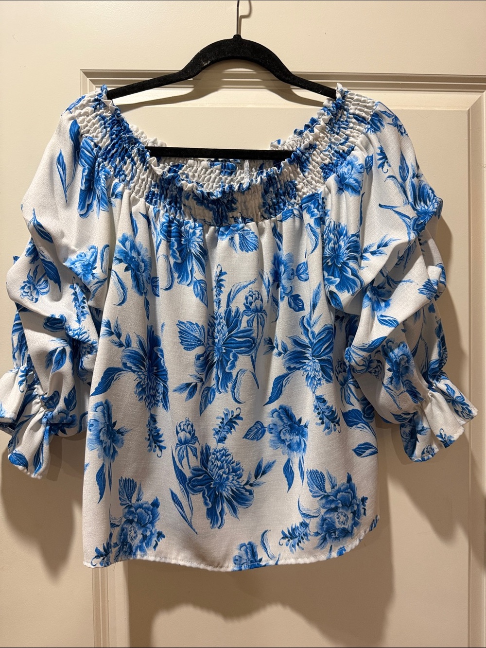 Blue Floral Off-Shoulder Peasant Blouse